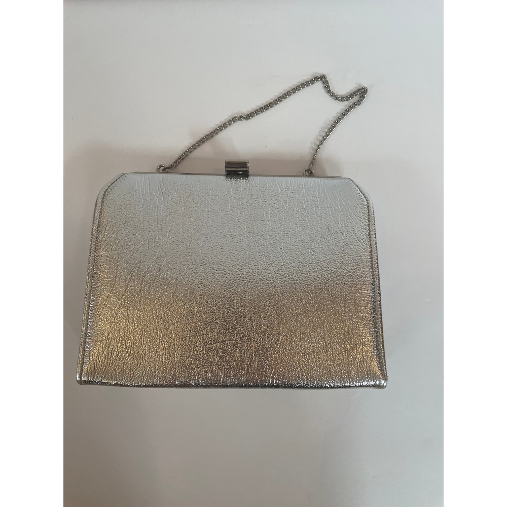 Vintage Silver Metallic Evening Clutch Bag Textured Frame Chain Strap Formal